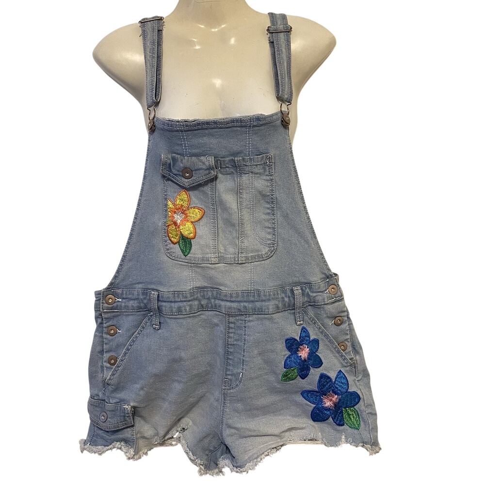 Y2K No Boundaries BlueDenim Bib Overall Shorts Girl Women Junior XL Embroidery